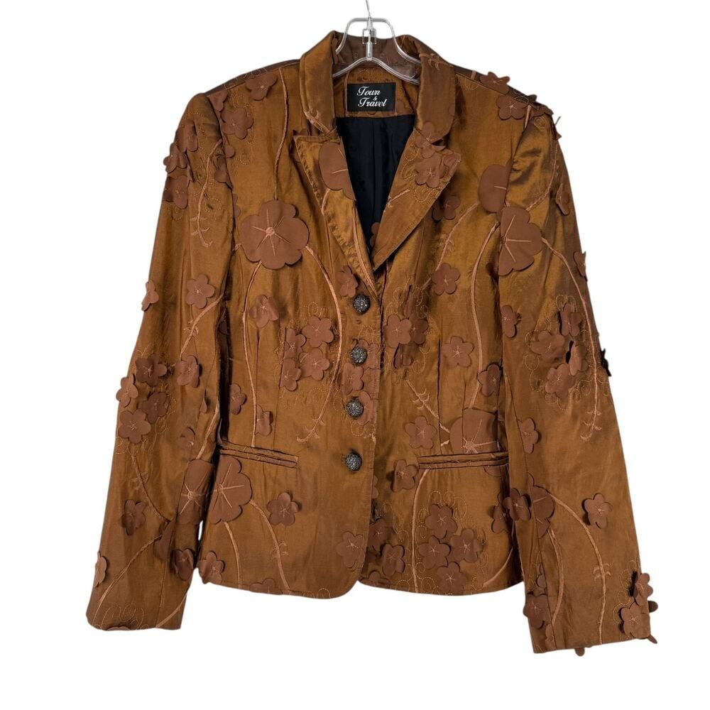 Town And Travel Blazer Brown 3D Floral Shimmer Size M Art To Wear Four Button